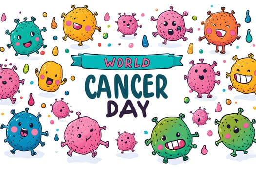 Simple cartoon world cancer day background with the inscription on it, surrounded with colorful happy tumors. Neural network generated image. Not based on any actual scene or pattern.