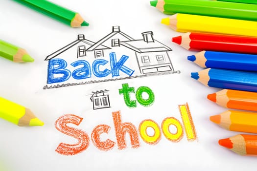 Naive children's drawing with colored chalk on white paper, made by hand by a child, text Back to School. Neural network generated image. Not based on any actual scene or pattern.
