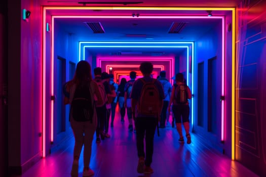 A group of people walking down a hallway with colorful lights. Neural network generated image. Not based on any actual scene or pattern.