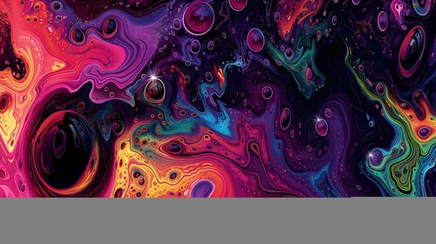 Saturated colorful mad abstract background, random different shapes and objects, hallucinations of ancient shaman after mushroom overdose. Neural network generated image. Not based on any actual scene or pattern.