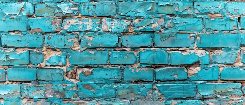 This wide image showcases an abstract pattern of turquoise bricks, merging texture and color into an artistic urban statement