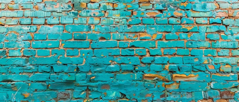 This wide image showcases an abstract pattern of turquoise bricks, merging texture and color into an artistic urban statement