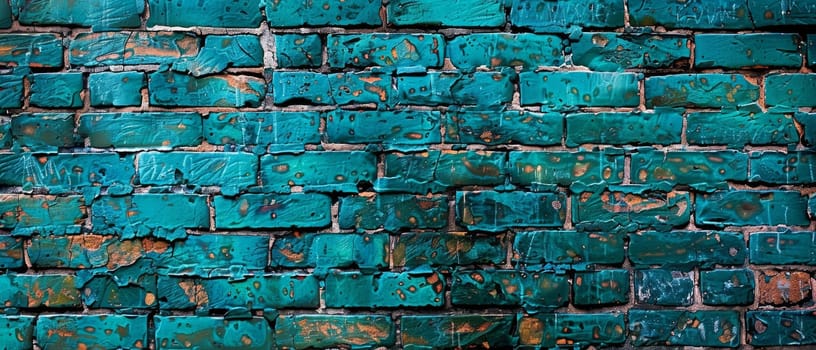 This wide image showcases an abstract pattern of turquoise bricks, merging texture and color into an artistic urban statement