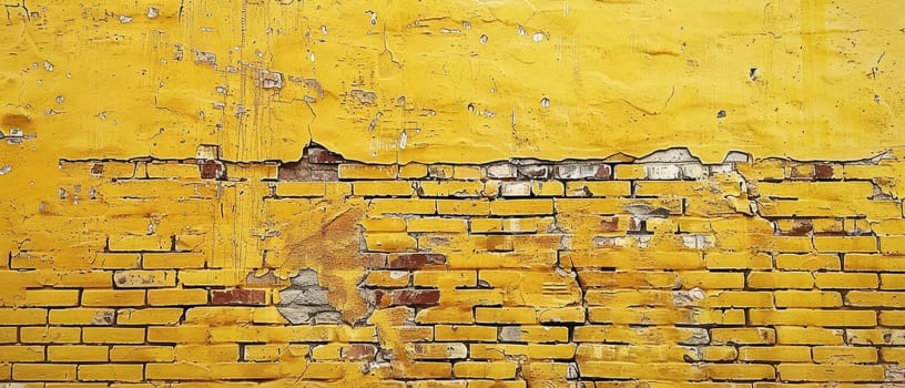 A wide-angle view of a yellow brick wall with a myriad of textures from peeling paint and cracks. The wall's history is evident in its layered decay