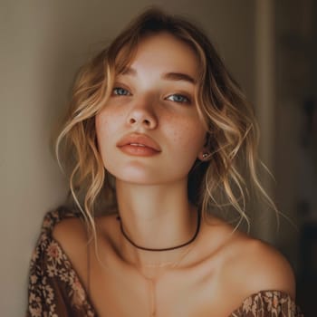 A young woman's freckled complexion and thoughtful look offer a glimpse into her serene and introspective nature