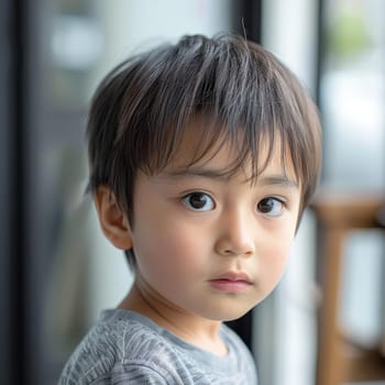 A young toddler gazes curiously at the world, his deep eyes reflecting a budding intelligence and wonder