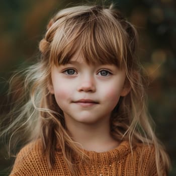 A child's soft gaze and wind-tousled hair merge with the golden hues of autumn, embodying the season's natural charm