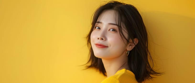 A joyful Asian woman's radiant smile is captured against a vibrant yellow background, her casual sweater exuding warmth and happiness