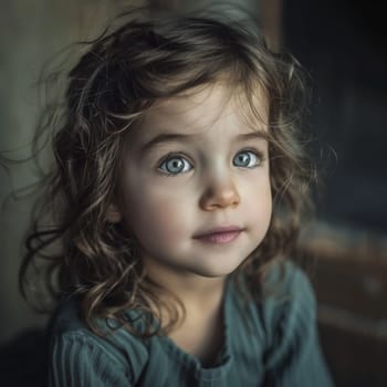 A toddler with captivating blue eyes and curly hair looks on with innocence and amazement, her spirit unburdened and free