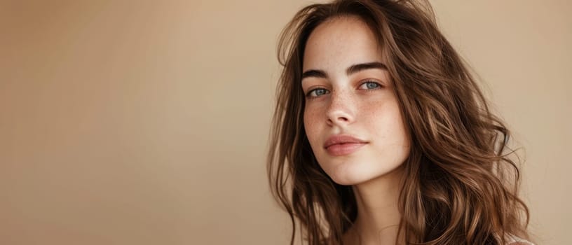 A young woman's portrait exudes natural beauty, with wavy hair and light freckles adorning her face. The warm, neutral backdrop highlights her serene, unfettered gaze
