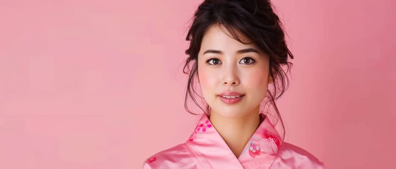 In profile, a young woman adorned in a pink kimono gazes softly away. Her natural beauty is accentuated by the garment's delicate floral pattern
