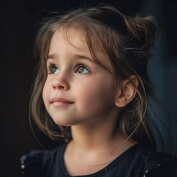 A young girl with a dreamy expression looks afar, her green eyes sparkling with curiosity. The natural light captures the softness of her features and the gentle tone of her gaze