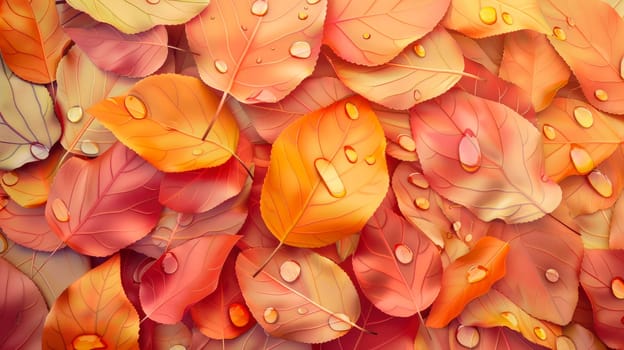 Creative nature backdrop made of colorful wet leaves. Flat lay background. AI generated