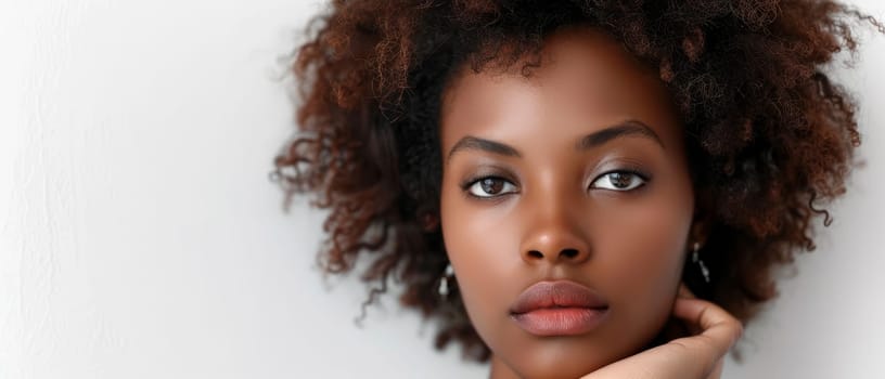 A striking young woman with luxurious curly hair contemplates silently, her gaze conveying depth and emotion. Her minimalist jewelry subtly accentuates her look
