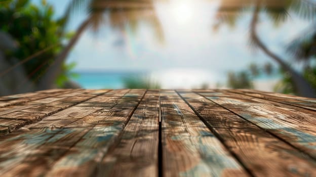 Blurred tropical background with wooden floor and beach scenery. AI generated