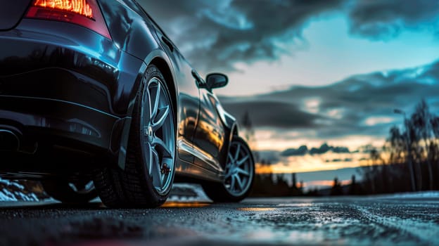 Selective focus on black car rear wheel. Exterior of modern car on the road at sunset. AI generated