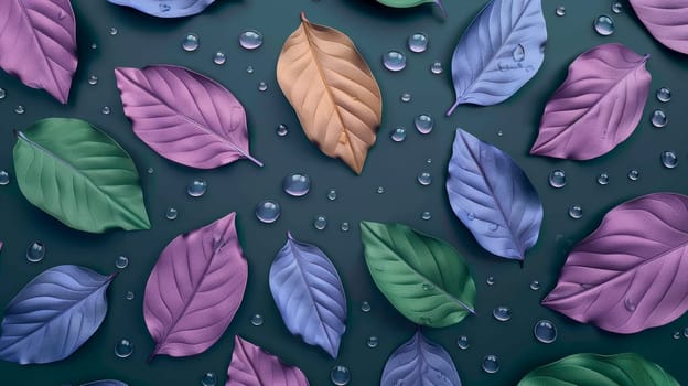 Creative nature backdrop made of colorful wet leaves. Flat lay background. AI generated