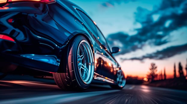 Selective focus on blue car rear wheel. Exterior of modern car on the road at night. AI generated