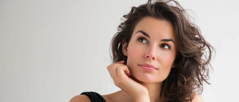 A reflective woman with an intense look, her dark eyes and tousled hair suggesting a moment of introspection. The neutral background accentuates her natural allure