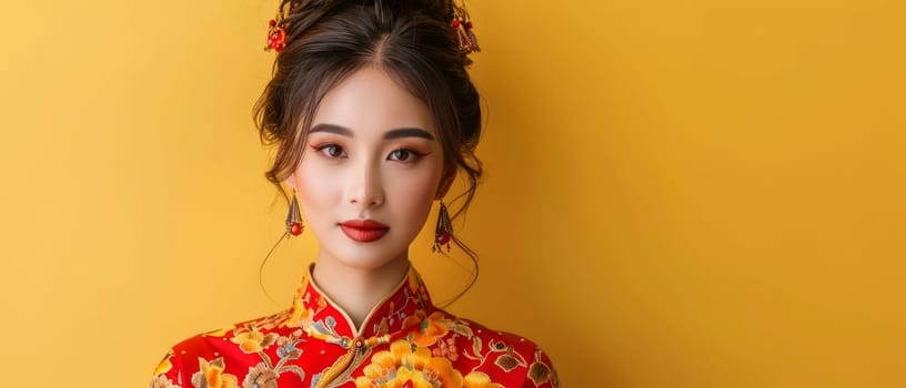 A woman in a traditional red cheongsam stands poised against a yellow backdrop, her hairstyle and jewelry reflecting classic elegance. Her gaze is confident, embodying the fusion of modern beauty