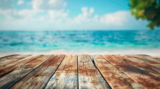 Wooden floor with beautiful tropical beach scenery for background. AI generated