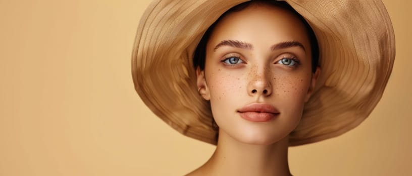 A woman with a serene expression poses in a wide-brimmed beige hat, her freckles adding character to her flawless skin. Simplicity of the backdrop accentuates her striking blue eyes and soft features