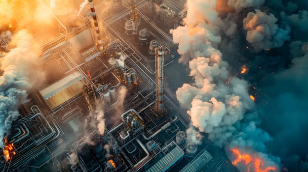 Heavy smoke in burning chemical plant, aerial view of fire disaster. AI generated