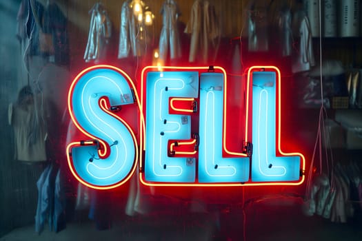 Neon inscription word sell. Neural network generated image. Not based on any actual scene or pattern.