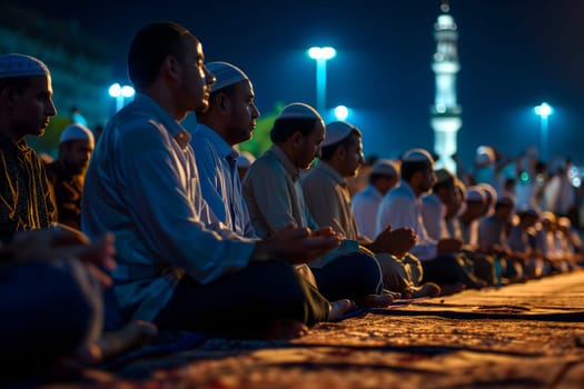 Muslim prayers in white clothes sitting in front of mosque at Ramadan night with selective focus. Neural network generated in January 2024. Not based on any actual scene or pattern.
