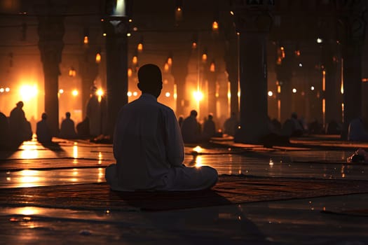 Muslim prayer in white clothes sitting in mosque at Ramadan night with selective focus. Neural network generated in January 2024. Not based on any actual scene or pattern.