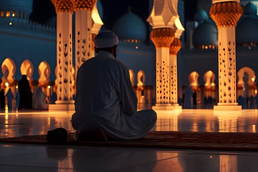 Muslim prayer in white clothes sitting in front of mosque at Ramadan night with selective focus. Neural network generated in January 2024. Not based on any actual scene or pattern.