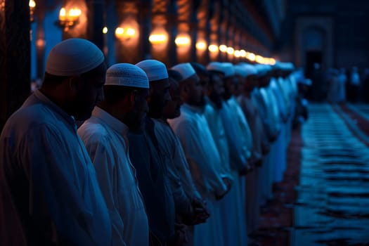 Muslim prayer in white clothes standing in mosque at Ramadan night with selective focus. Neural network generated in January 2024. Not based on any actual scene or pattern.