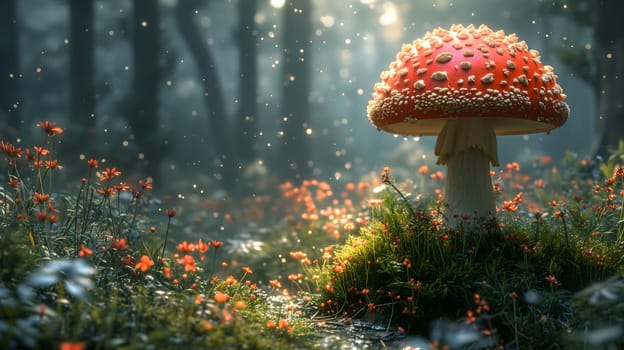 Magical mushroom in fantasy enchanted fairy tale forest. Neural network generated in January 2024. Not based on any actual scene or pattern.