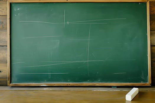 First-class, An empty green chalkboard with an eraser and white chalk, ready for Teacher's Day. Neural network generated image. Not based on any actual scene or pattern.