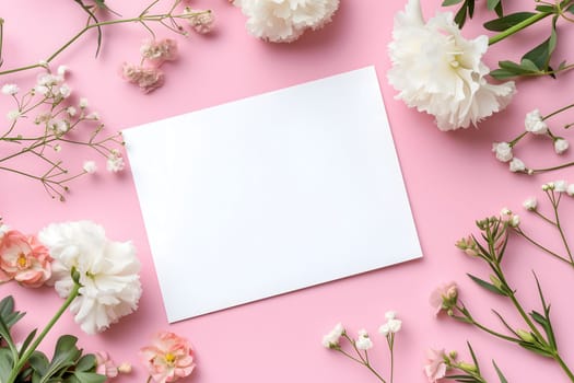 White greeting card with flowers mock up high angle view directly above decoration. Neural network generated image. Not based on any actual scene or pattern.
