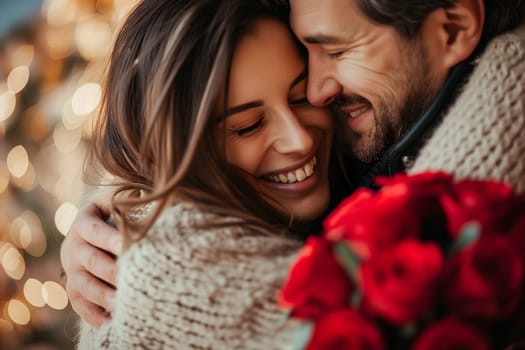 Heterosexual couple hugging at valentines day. Closeup portrait. Neural network generated image. Not based on any actual person or scene.