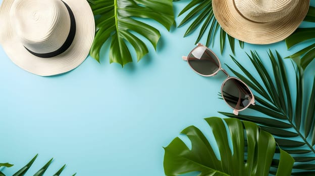 Hats, sunglasses, palm tree leaves on blue background. Blank, top view, still life, flat lay. Sea vacation travel concept tourism and resorts. Summer holidays. Neural network generated image. Not based on any actual scene or pattern.