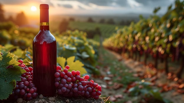 A red wine bottle in front of a landscape of grape farmland. Neural network generated image. Not based on any actual scene or pattern.