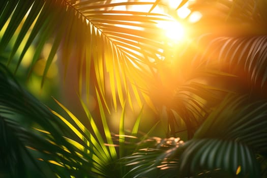 Vibrant sunny backdrop palm leaves with golden sun light. Neural network generated in January 2024. Not based on any actual scene or pattern.