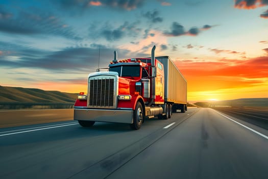 Classic American long-nose semitruck on a highway. Neural network generated image. Not based on any actual scene or pattern.