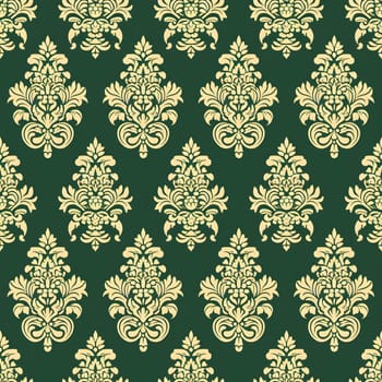 Seamless texture of green and gold damask pattern. Neural network generated image. Not based on any actual scene or pattern.
