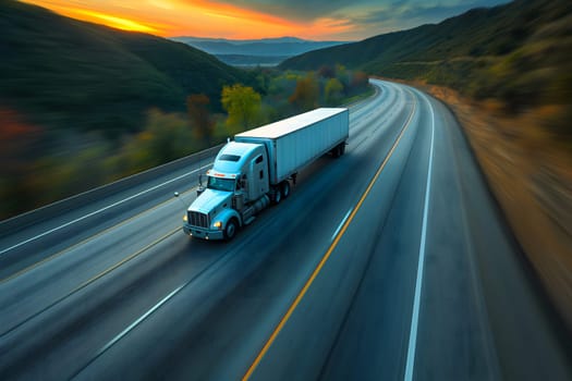 American long-nose semitruck on a highway. Neural network generated image. Not based on any actual scene or pattern.