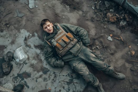 Soldier laid on the battlefield, view from above, drone point of view. Neural network generated image. Not based on any actual scene or pattern.