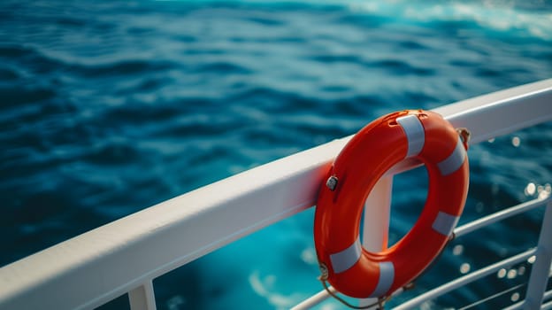 Lifebuoy attached to a ship's white railing, with the clear blue sea in the background. Neural network generated image. Not based on any actual scene or pattern.