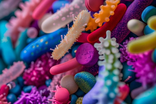 Diverse colorful abstract microbiome, containing many different types of microorganisms. Neural network generated in January 2024. Not based on any actual scene or pattern.