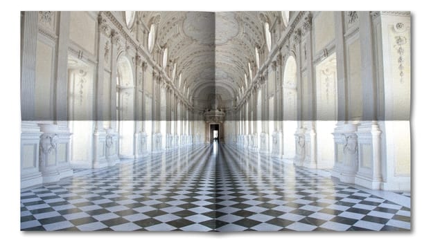 Creative picture of Reggia di Venaria Reale gallery - Italy. Luxury marbles in baroque Royal Palace