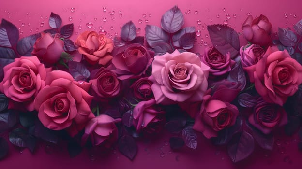A lush bouquet of pink roses with dew drops. Neural network generated image. Not based on any actual person or scene.