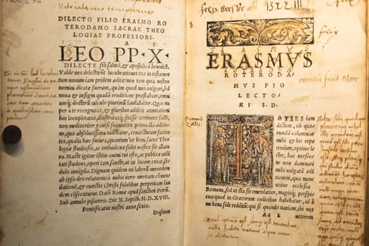 Turin, Italy - 22 April 2023: Erasmo da Rotterdam - Erasmus Roterodamus - New Testament, first printed in 1516. Ancient manuscript