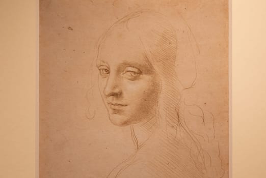 Turin, Italy - April, 2023: Leonardo da Vinci drawing, Royal Library - Face of a Girl, 1485