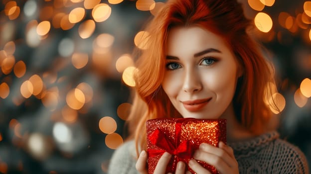 Beautiful redhead girl with gift for Valentines Day with bokeh at background. Neural network generated image. Not based on any actual person or scene.